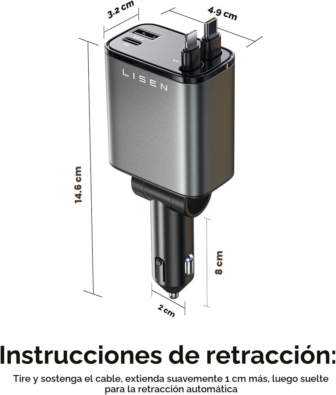 LISEN - Cargador retráctil para automóvil, adaptador de cargador de...