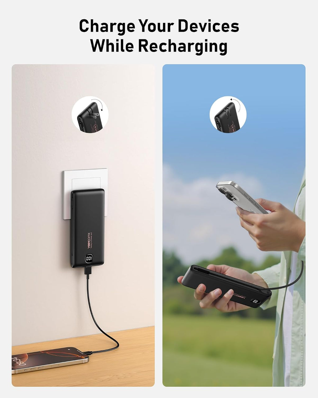 Cargador portátil de batería con cables integrados y enchufe de par...