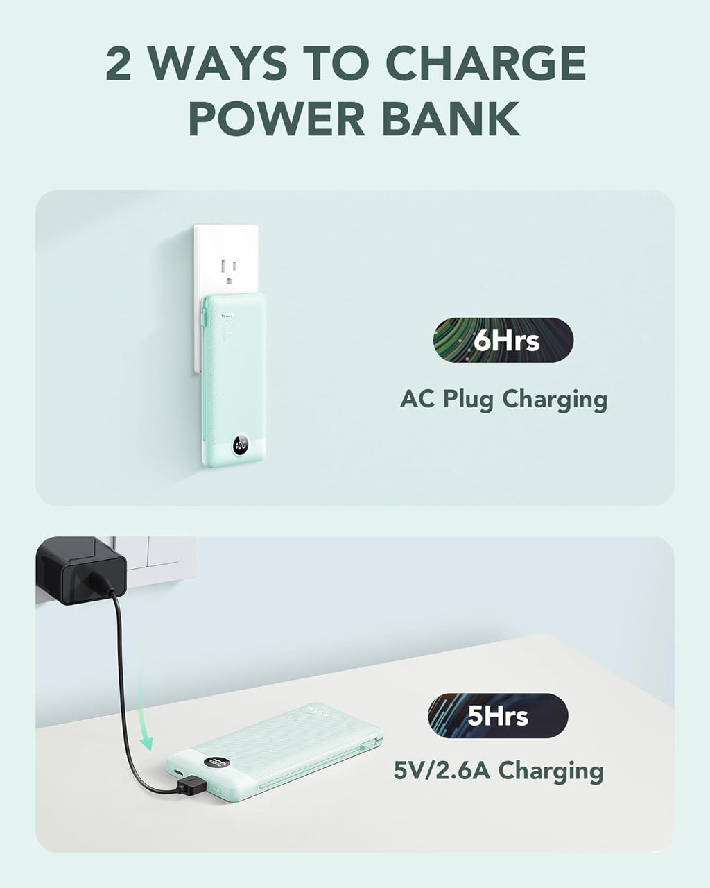 VRURC Cargador portátil con cables integrados y enchufe de pared de...