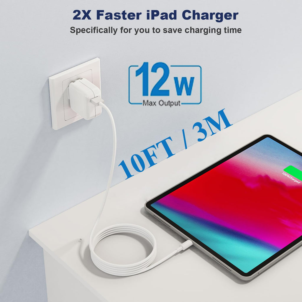 Paquete de 2 cargadores para iPad, cable de carga rápida de 10 pies...