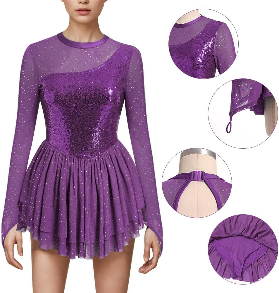 AFAVOM Vestido de patinaje artístico con lentejuelas para mujer, ma...