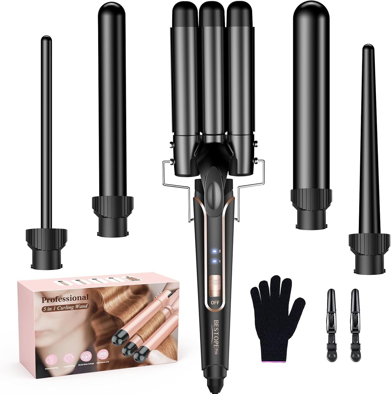 Waver - Varita rizadora BESTOPE PRO 5 en 1 con 3 barriles para muje...