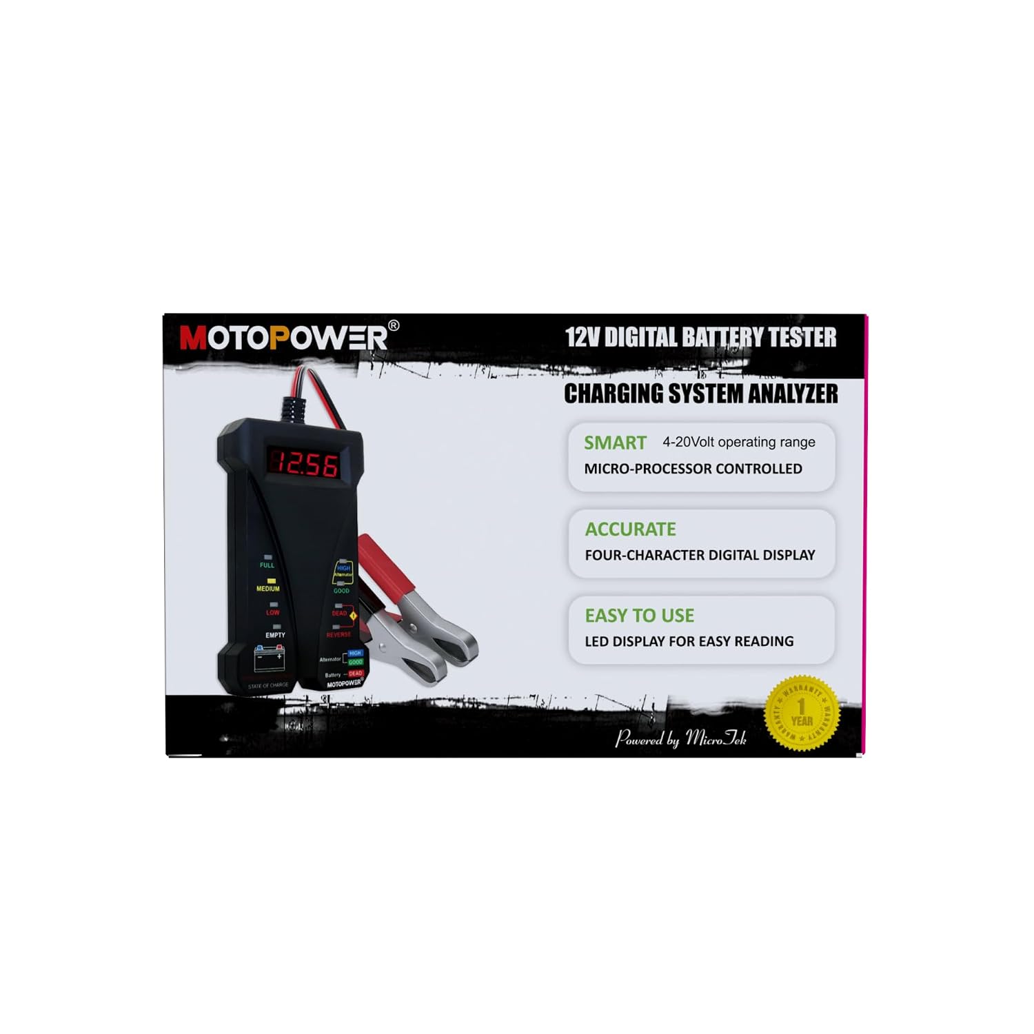 MOTOPOWER Probador de batería digital de 12 V, voltímetro y alterna...