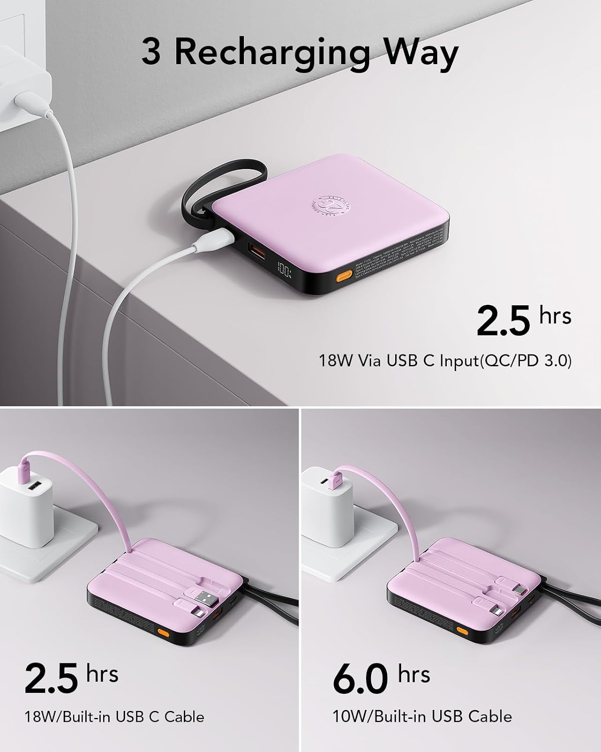 VRURC Cargador Portátil con Cable Incorporado, Banco de Energía de...
