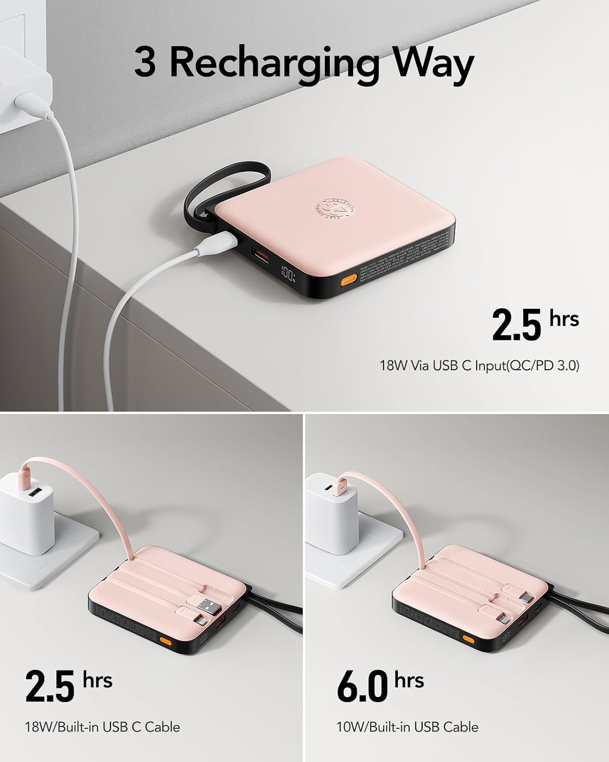 VRURC - Cargador portátil para iPhone con cables integrados, 22.5 W...