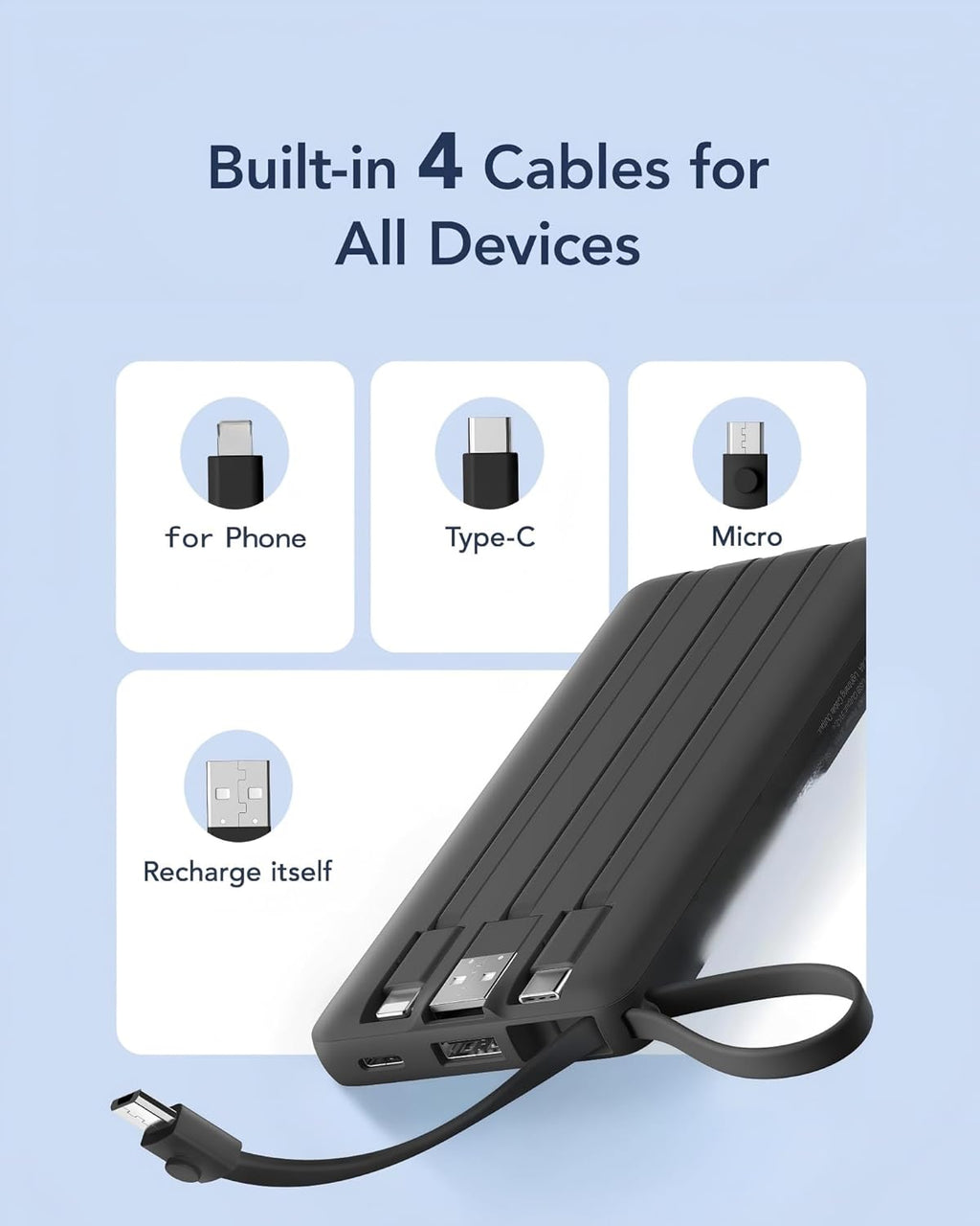 VRURC Cargador portátil, batería de viaje compacta con 4 cables int...