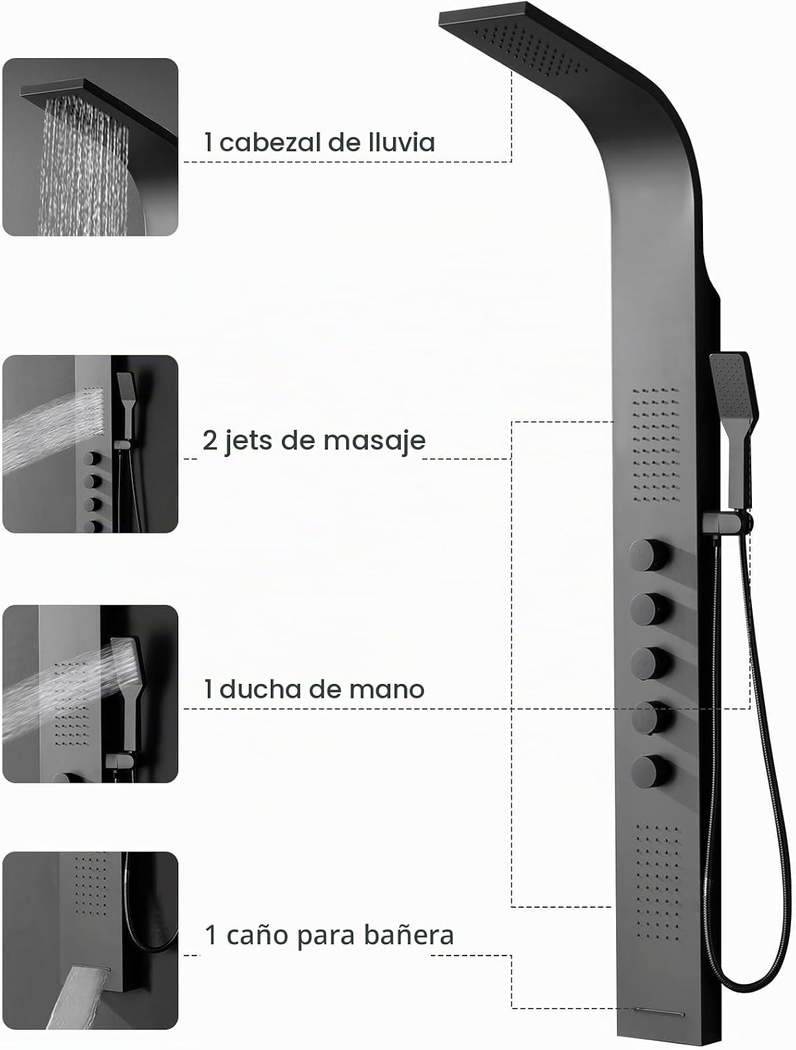 BWE - Torre de ducha negra, sistema de panel de ducha multifunción,...