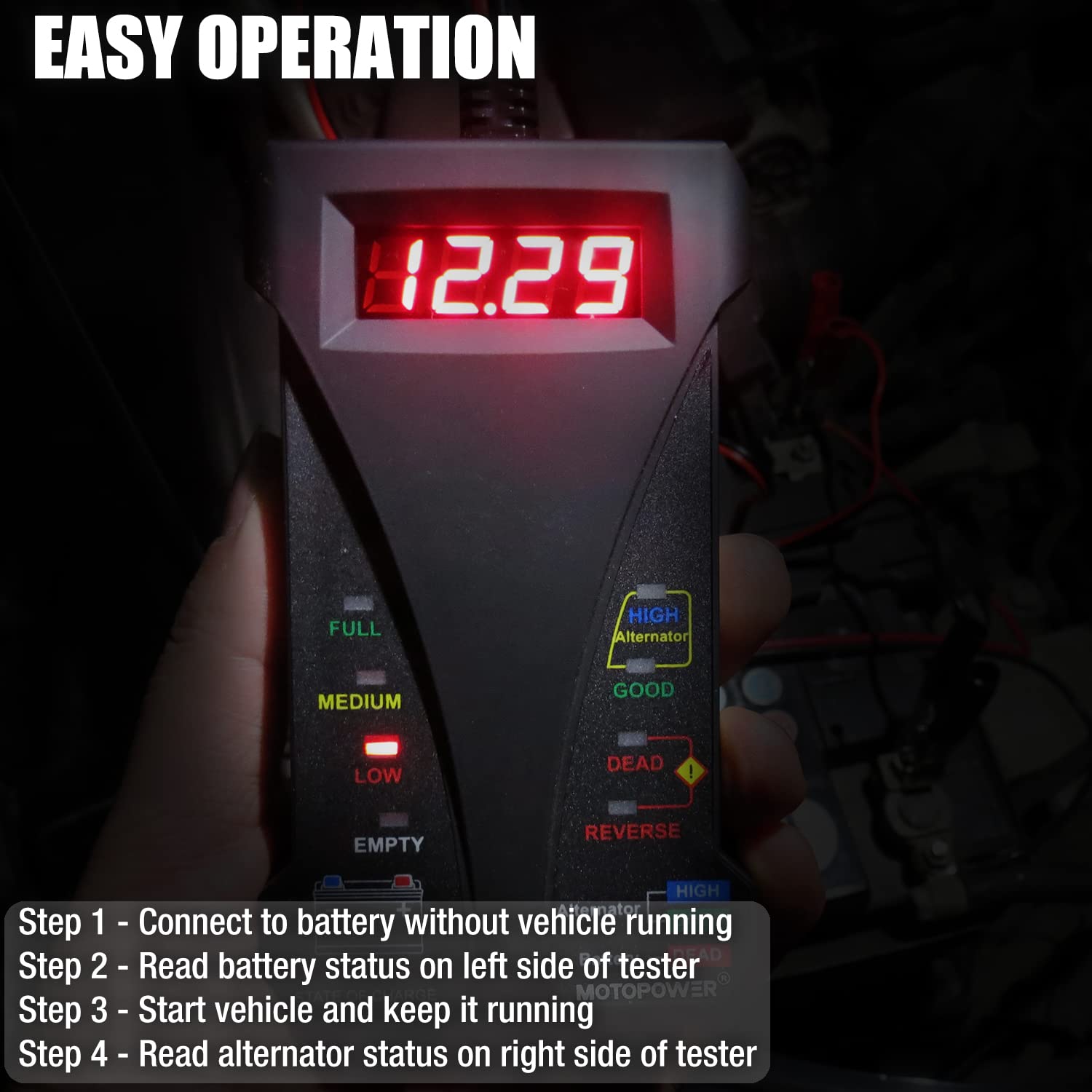 MOTOPOWER Probador de batería digital de 12 V, voltímetro y alterna...