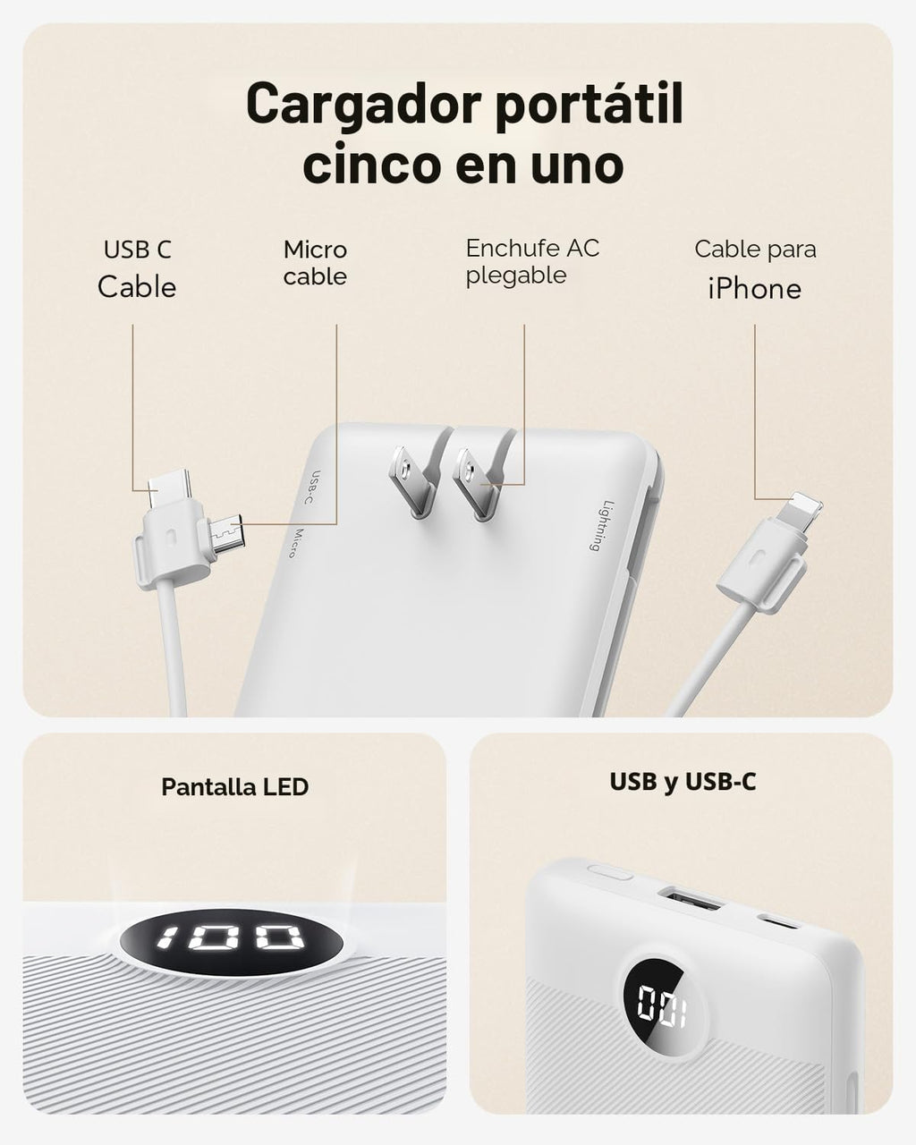 VRURC Cargador portátil con cables y enchufe de pared | Banco de en...
