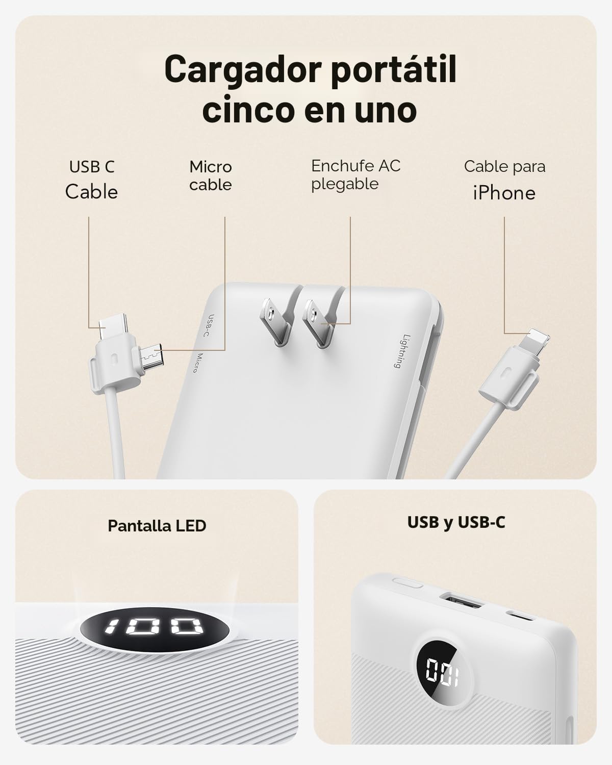 VRURC Cargador portátil con cables y enchufe de pared | Banco de en...