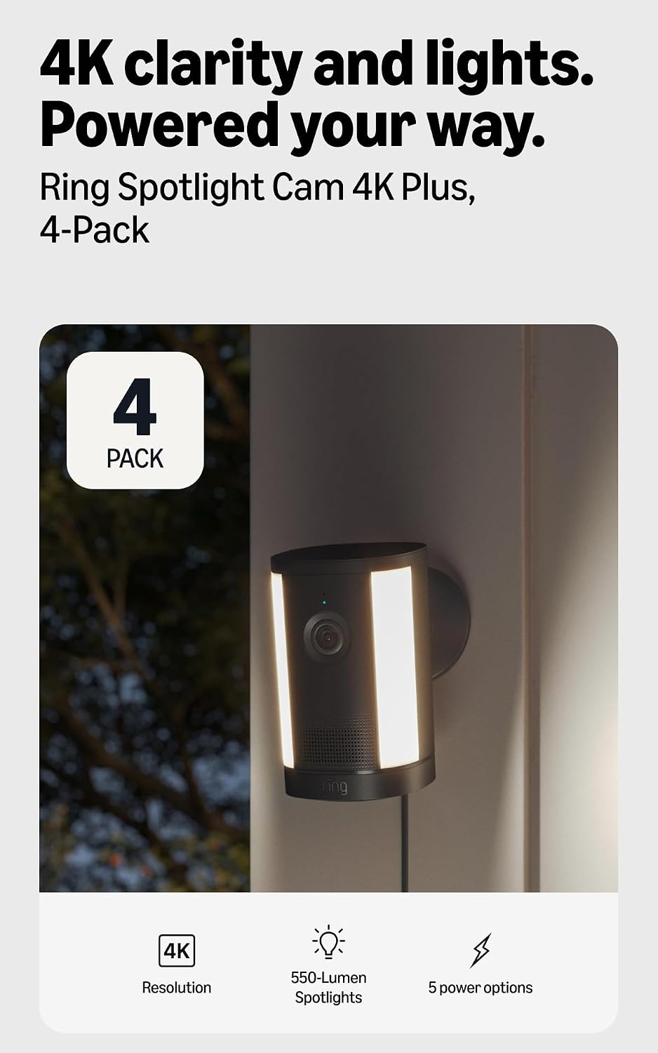 Cámara con luz de enfoque 4K Plus Ring con enchufe (último modelo):...