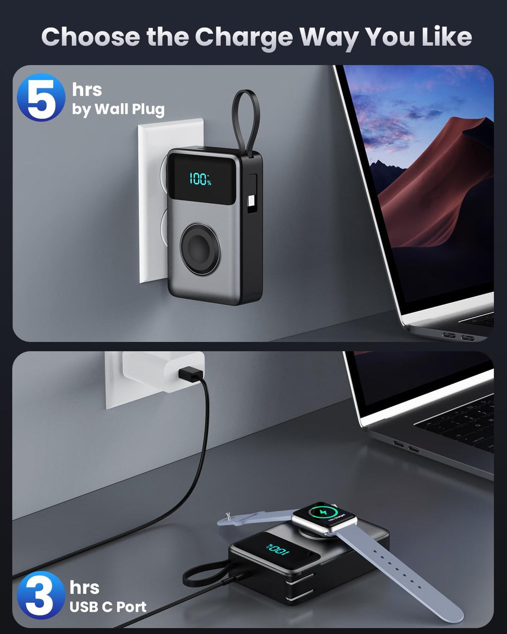 Cargador portátil 4 en 1 con enchufe de pared integrado y cables US...