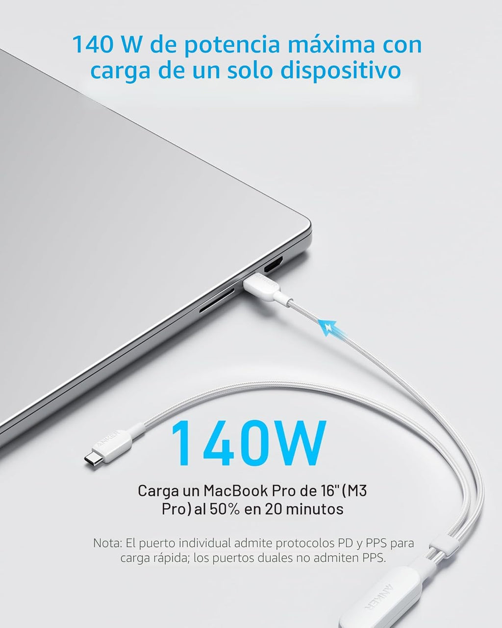 Cable Anker, cable USB C a USB C de 4 pies 2 en 1 de 140 W máx., ca...