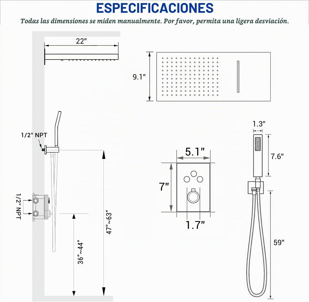 JetsBath Sistema de ducha termostático de 22 pulgadas, cabezal de d...