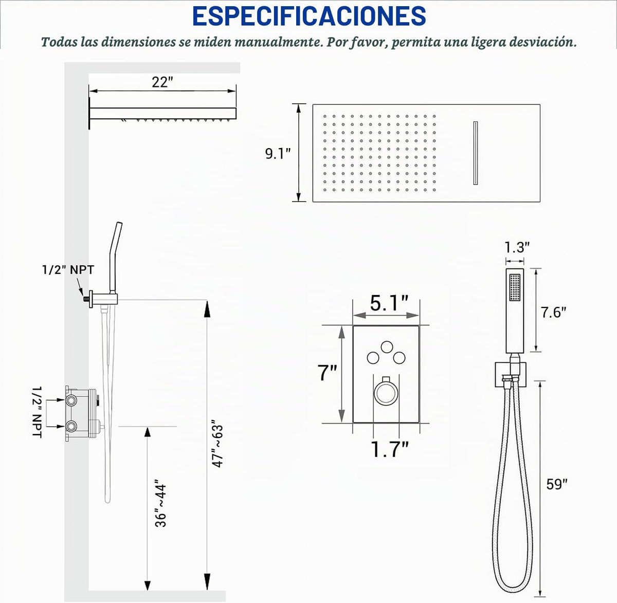 JetsBath Sistema de ducha termostático de 22 pulgadas, cabezal de d...