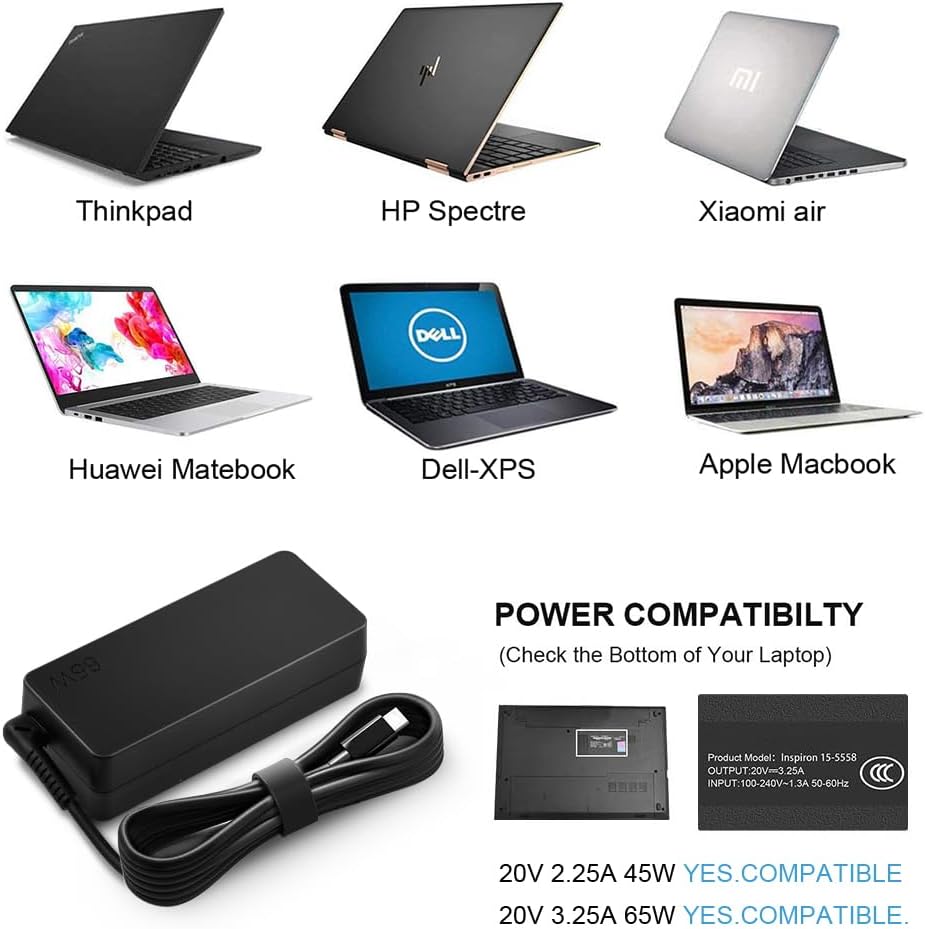 Cargador compatible con computadora portátil Lenovo 65W 45W USB C A...