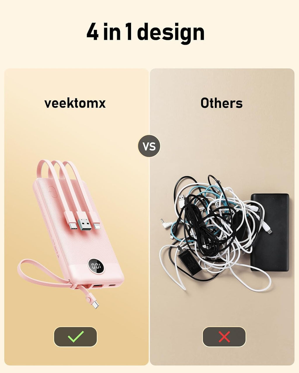 VEEKTOMX Cargador portátil con cables integrados, banco de energía...