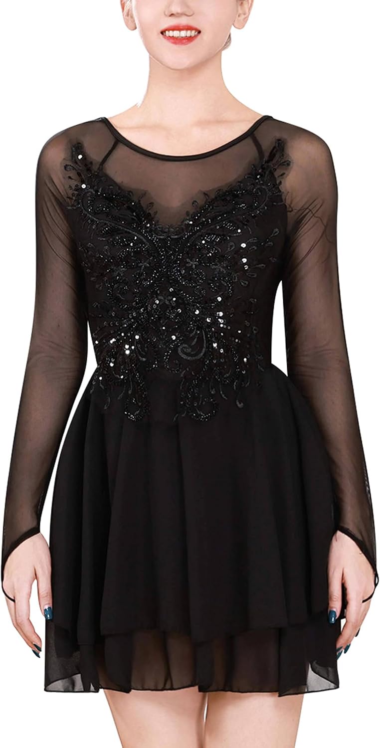 ODASDO Vestido de patinaje artístico para mujer, malla de manga lar...