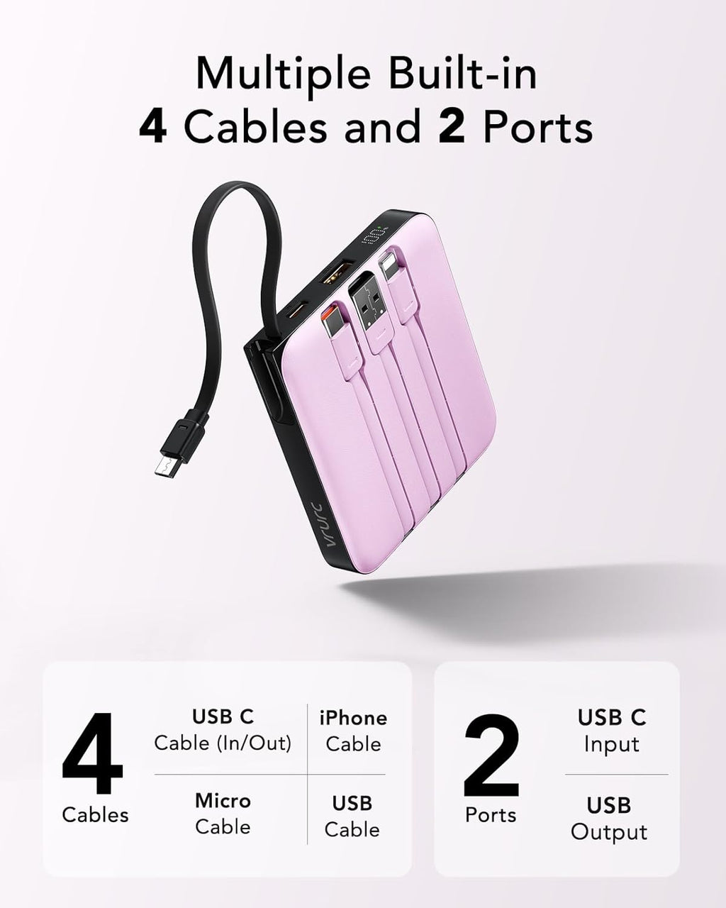 VRURC Cargador Portátil con Cable Incorporado, Banco de Energía de...