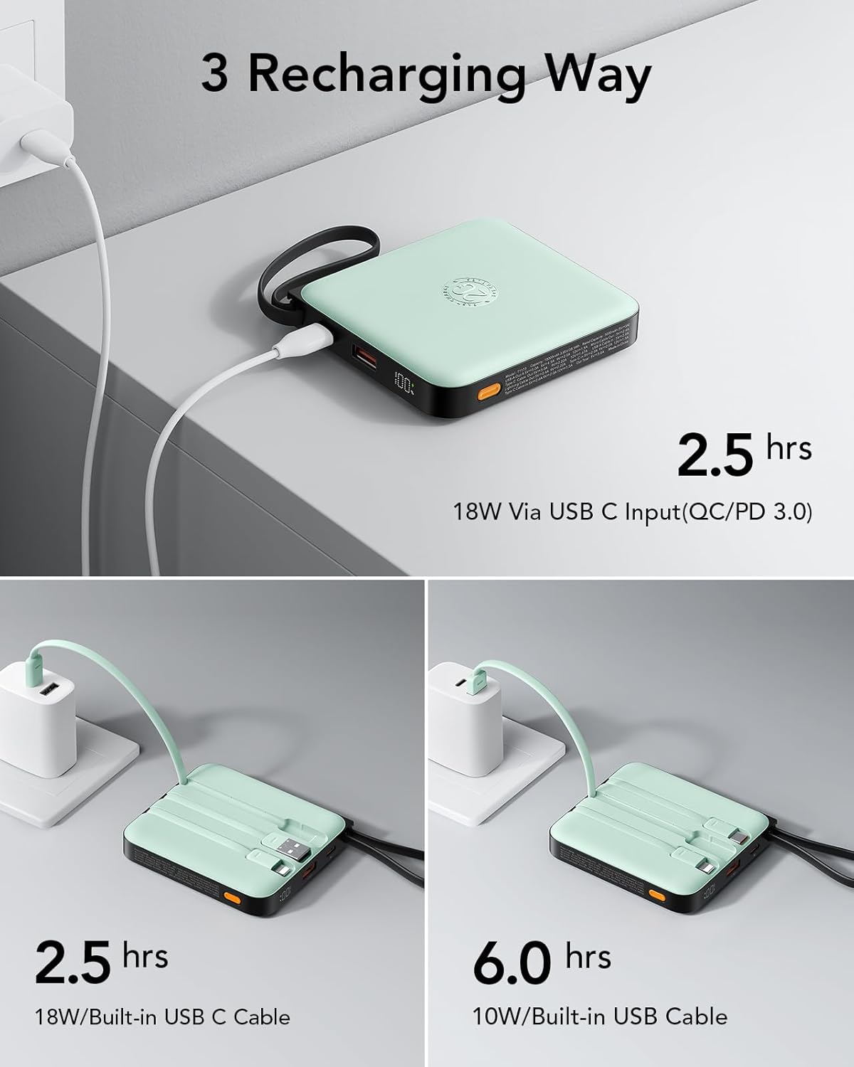 VRURC Cargador Portátil USB C, Banco de Energía con Cable Integrado...