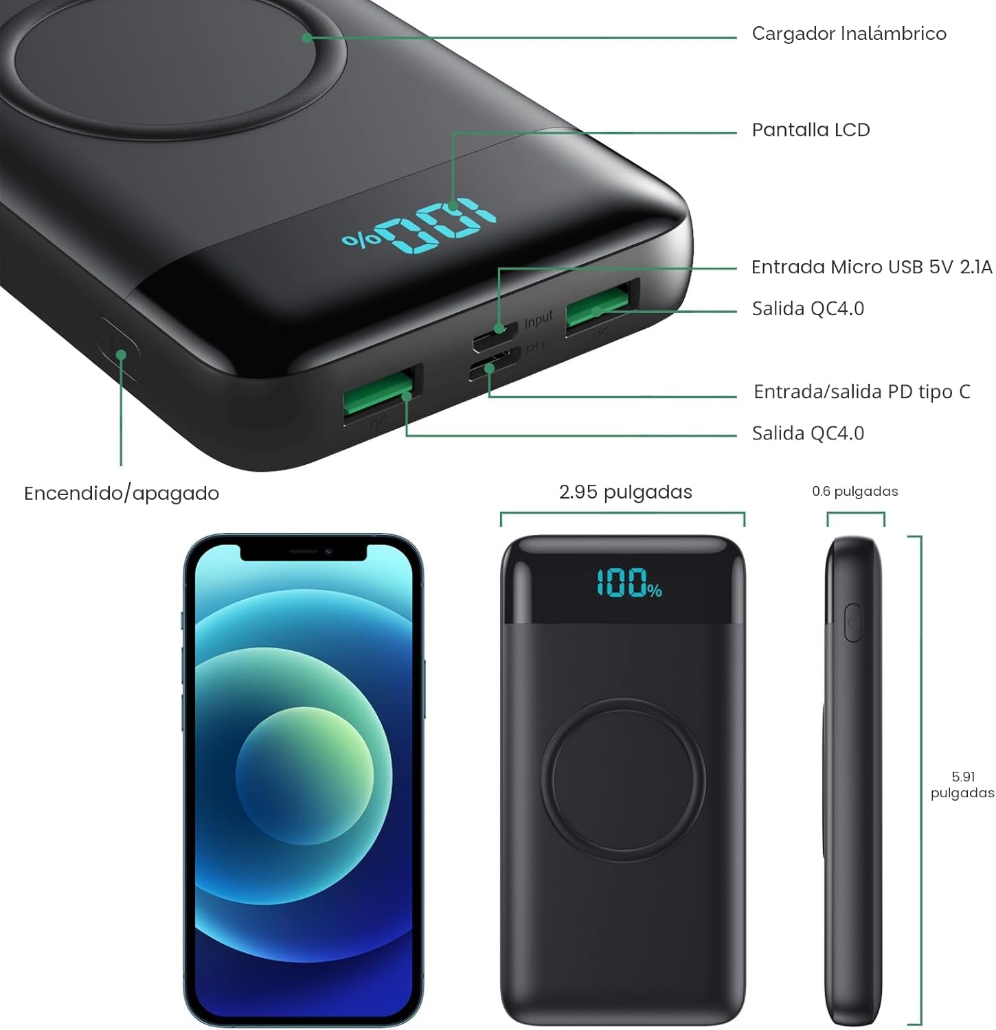 Cargador portátil inalámbrico 30,800 mAh, 15 W de carga inalámbrica...