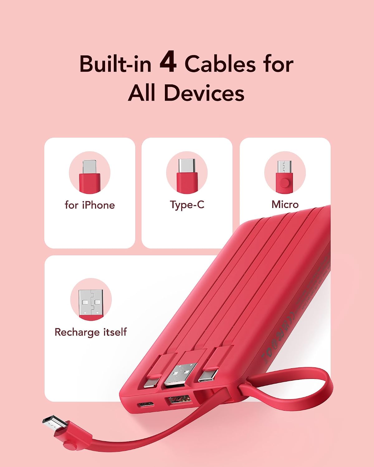 VRURC Cargador portátil, banco de energía de 10000 mAh con cables i...