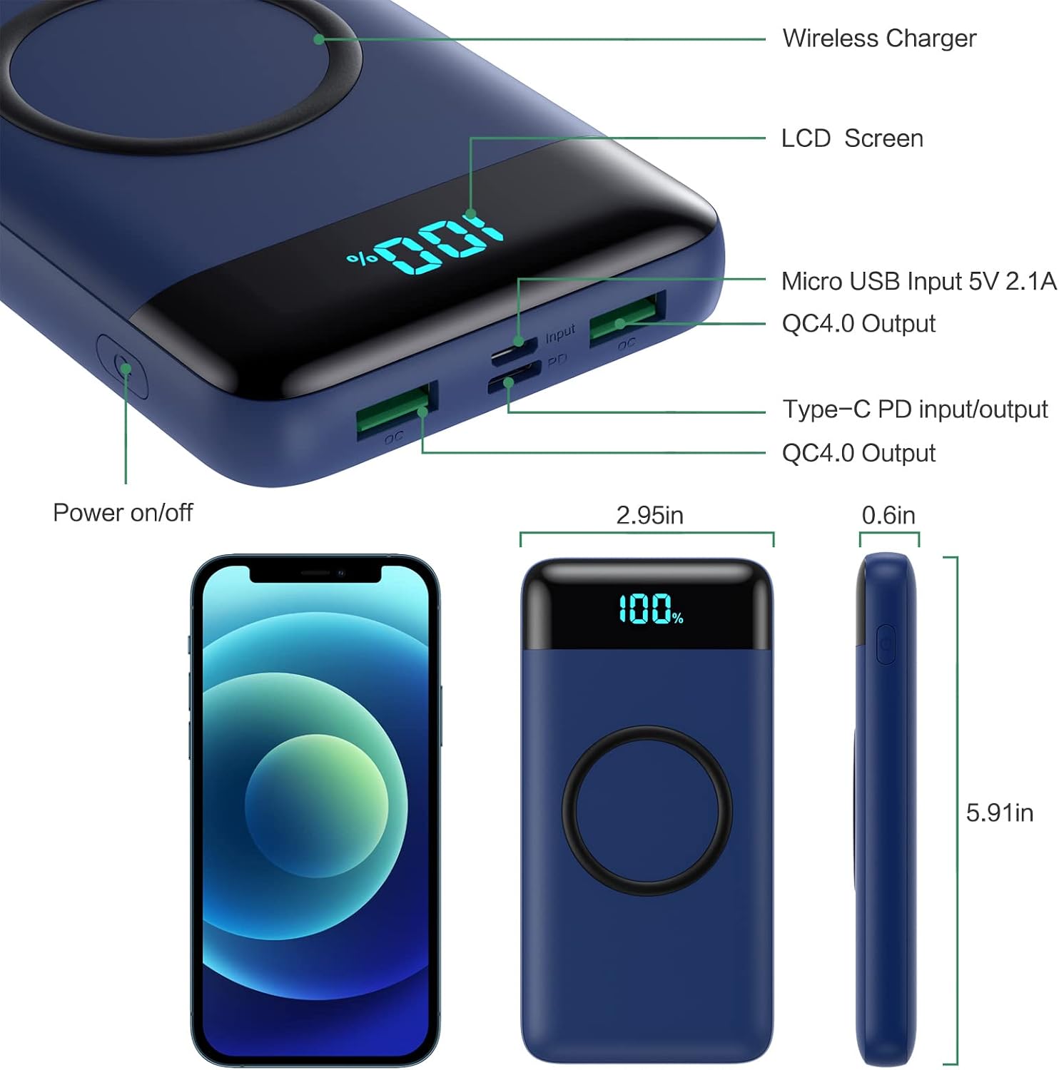 Cargador portátil inalámbrico de 30,800 mAh, cargador de batería US...