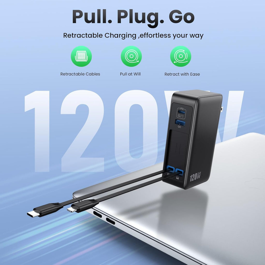 Bloque de cargador USB C de 120W con 2 cables retráctiles integrado...