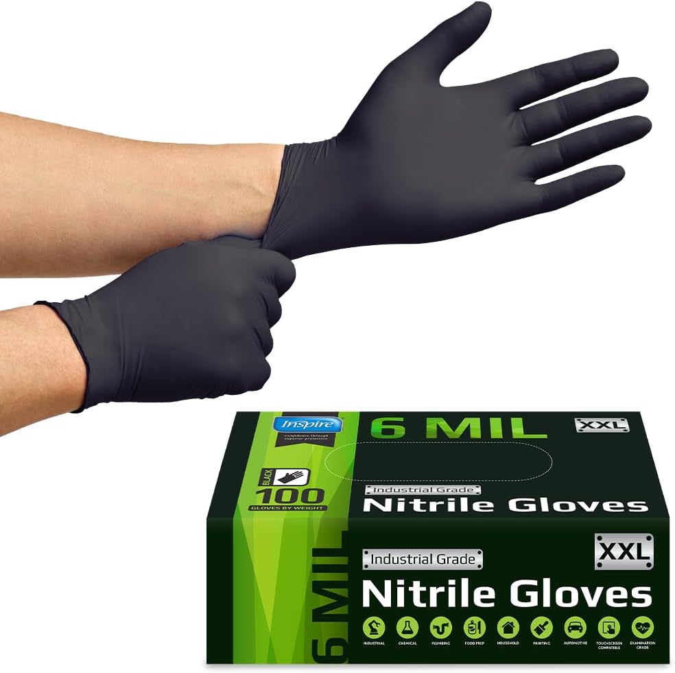 Inspire Guantes negros de nitrilo resistentes a los químicos de 6 m...
