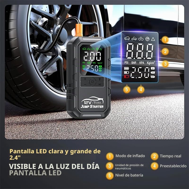 Arrancador de batería de coche 10 en 1 con compresor de aire, 10000...