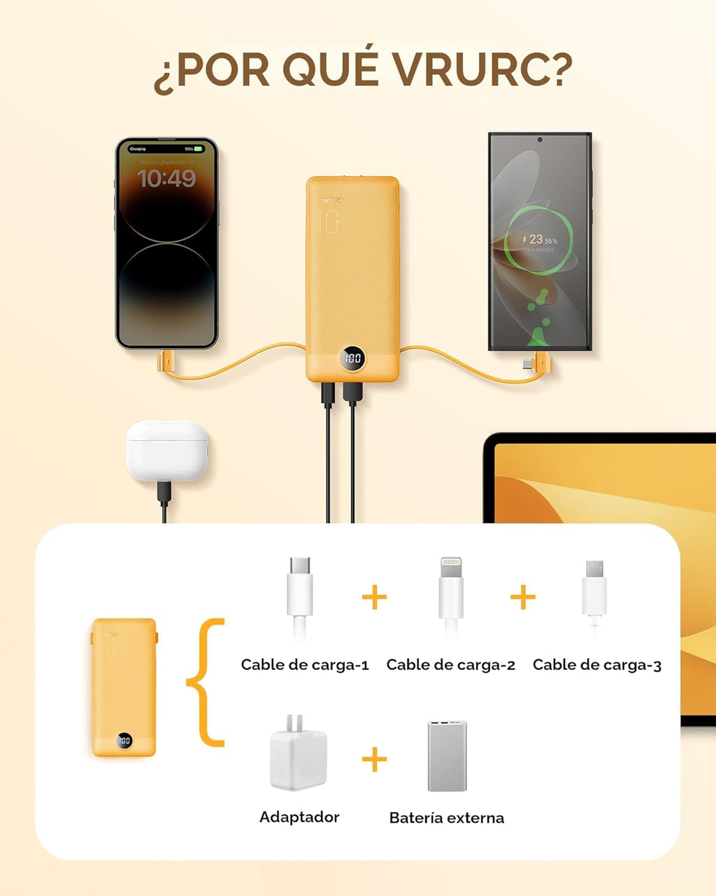 VRURC Cargador portátil con cables integrados y enchufe de pared de...