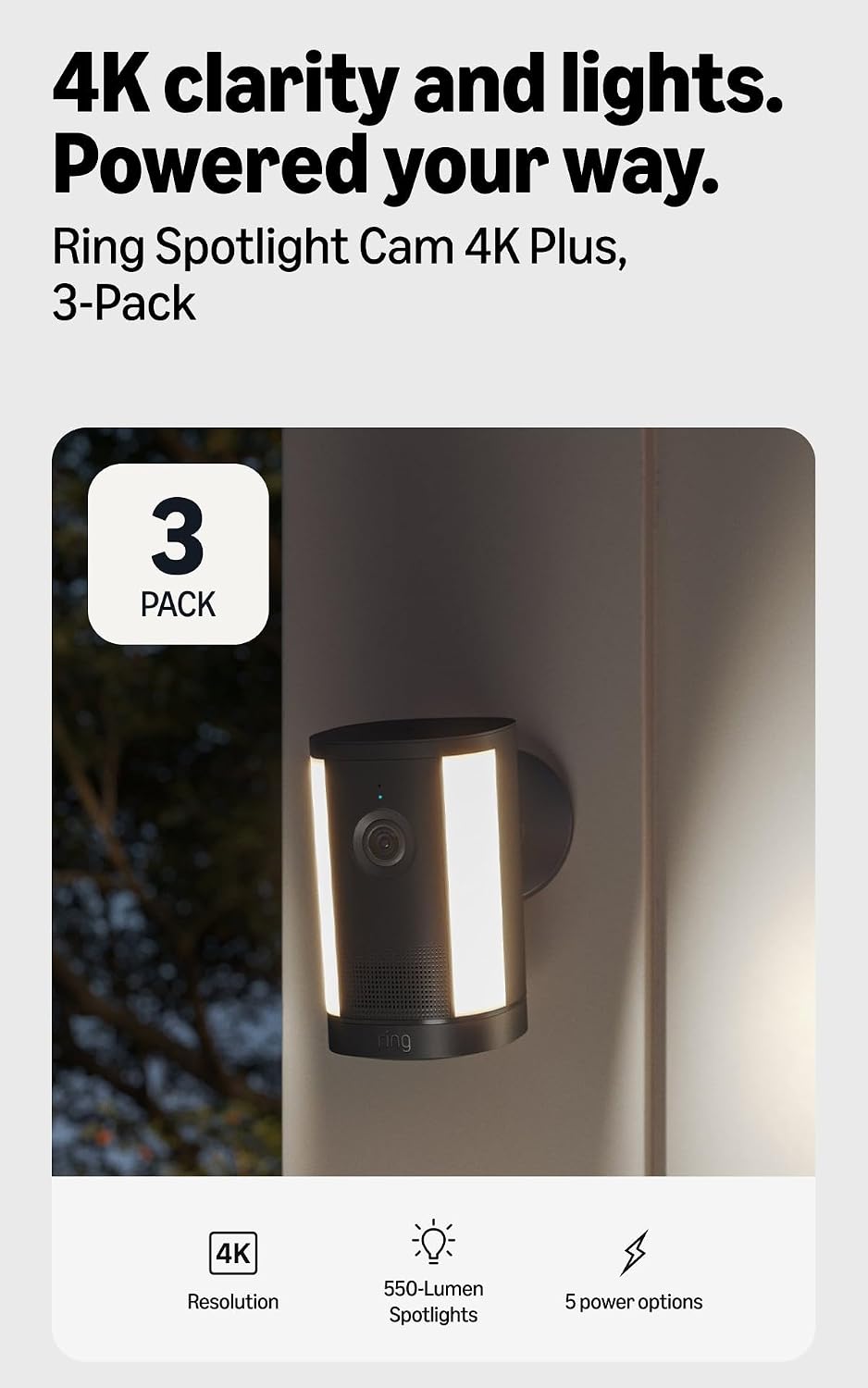 Cámara con luz de enfoque 4K Plus Ring inalámbrica (último modelo):...