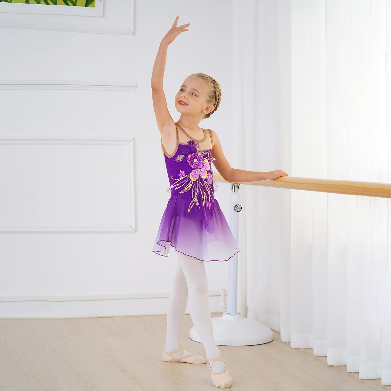 Vestido de patinaje artístico para niñas - Leotardo de malla con fl...