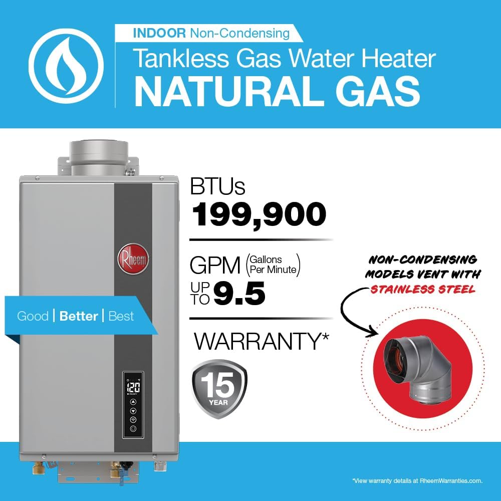 Rheem RTG Series 9.5 GPM Calentador de agua sin tanque de gas natur...