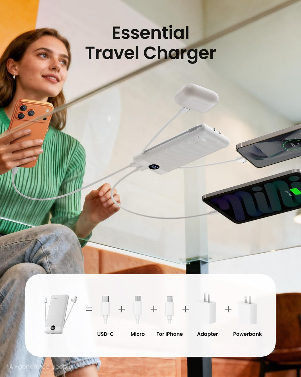 Coowisty Cargador portátil con enchufe de pared, banco de energía U...