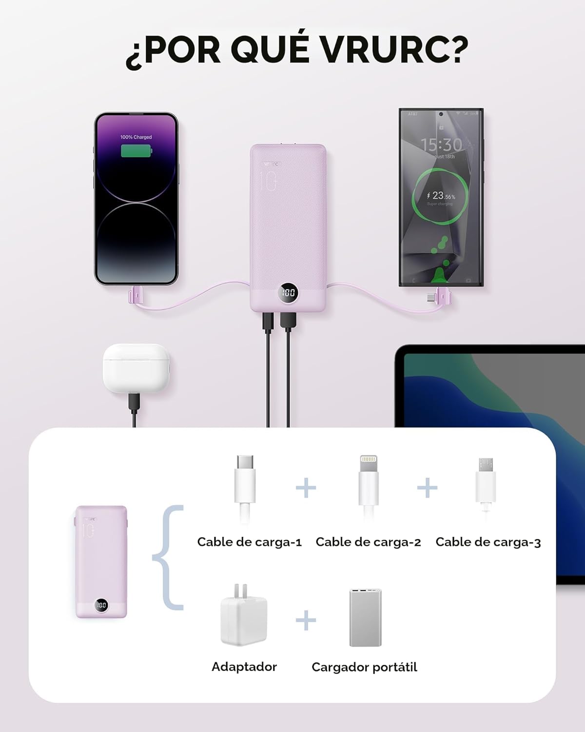 VRURC Cargador portátil con cables integrados y enchufe de pared de...