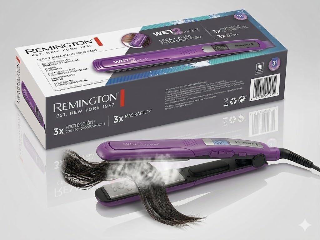 Remington Wet 2 - Plancha de pelo liso de 1 pulgada con placas de t...