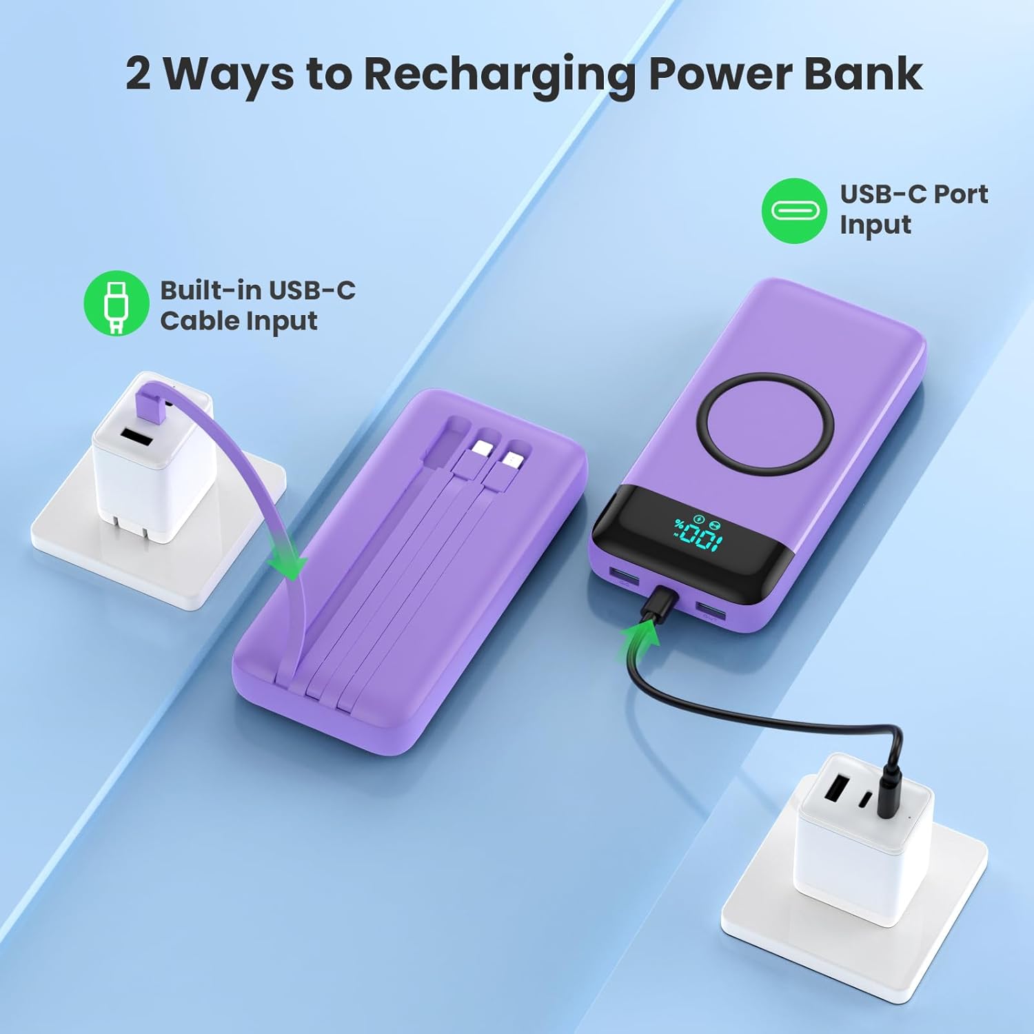 Cargador Portátil Inalámbrico 40800mAh con 3 Cables Integrados, Ban...