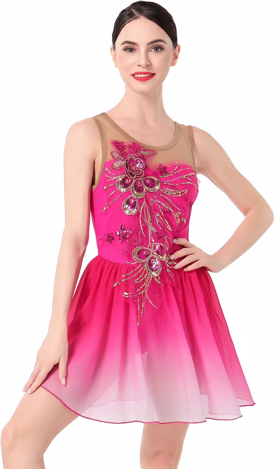 ODASDO Vestido de patinaje artístico de hielo para mujer, leotardo...