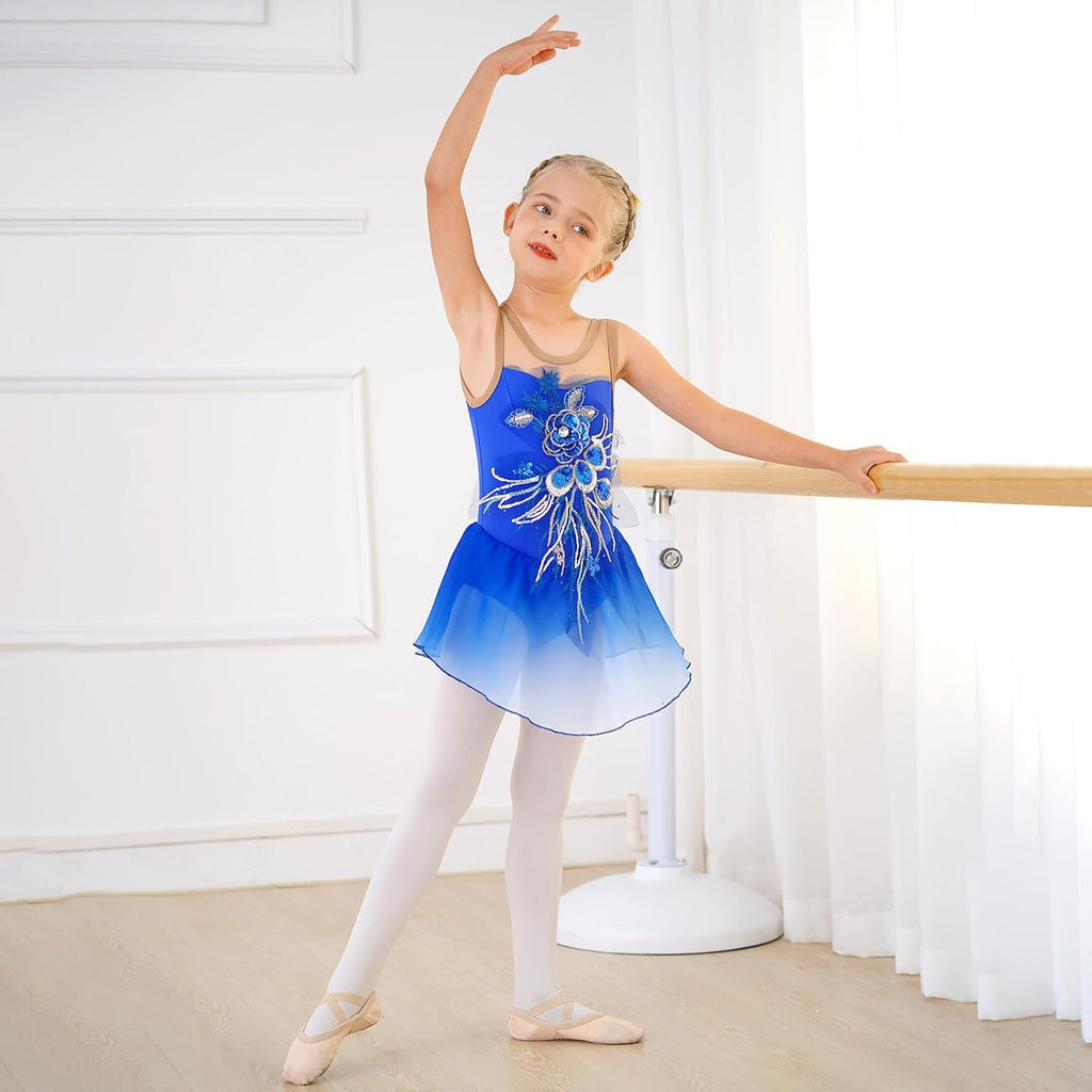 Vestido de patinaje artístico para niñas - Leotardo de malla con fl...