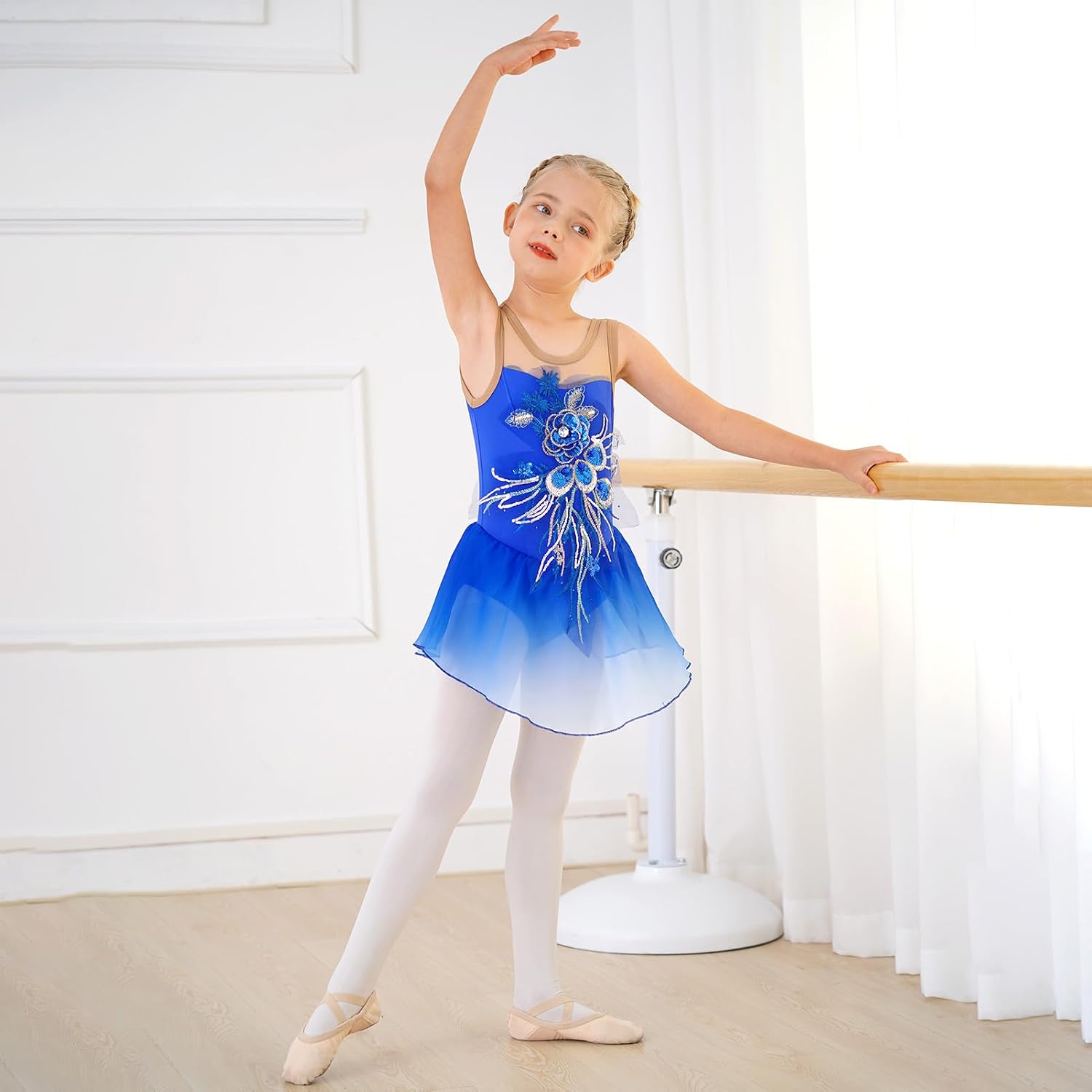 Vestido de patinaje artístico para niñas - Leotardo de malla con fl...