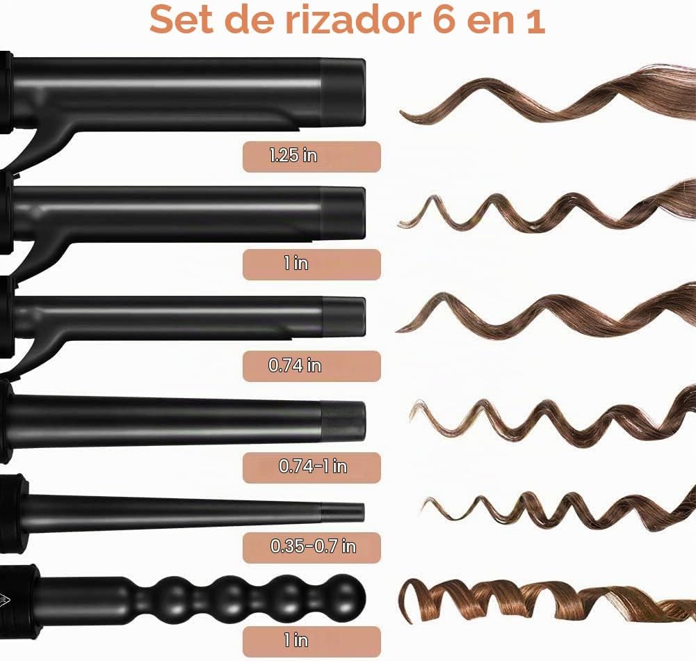 Rizador 6 en 1 para cabello largo y corto, coeficiente de temperatu...