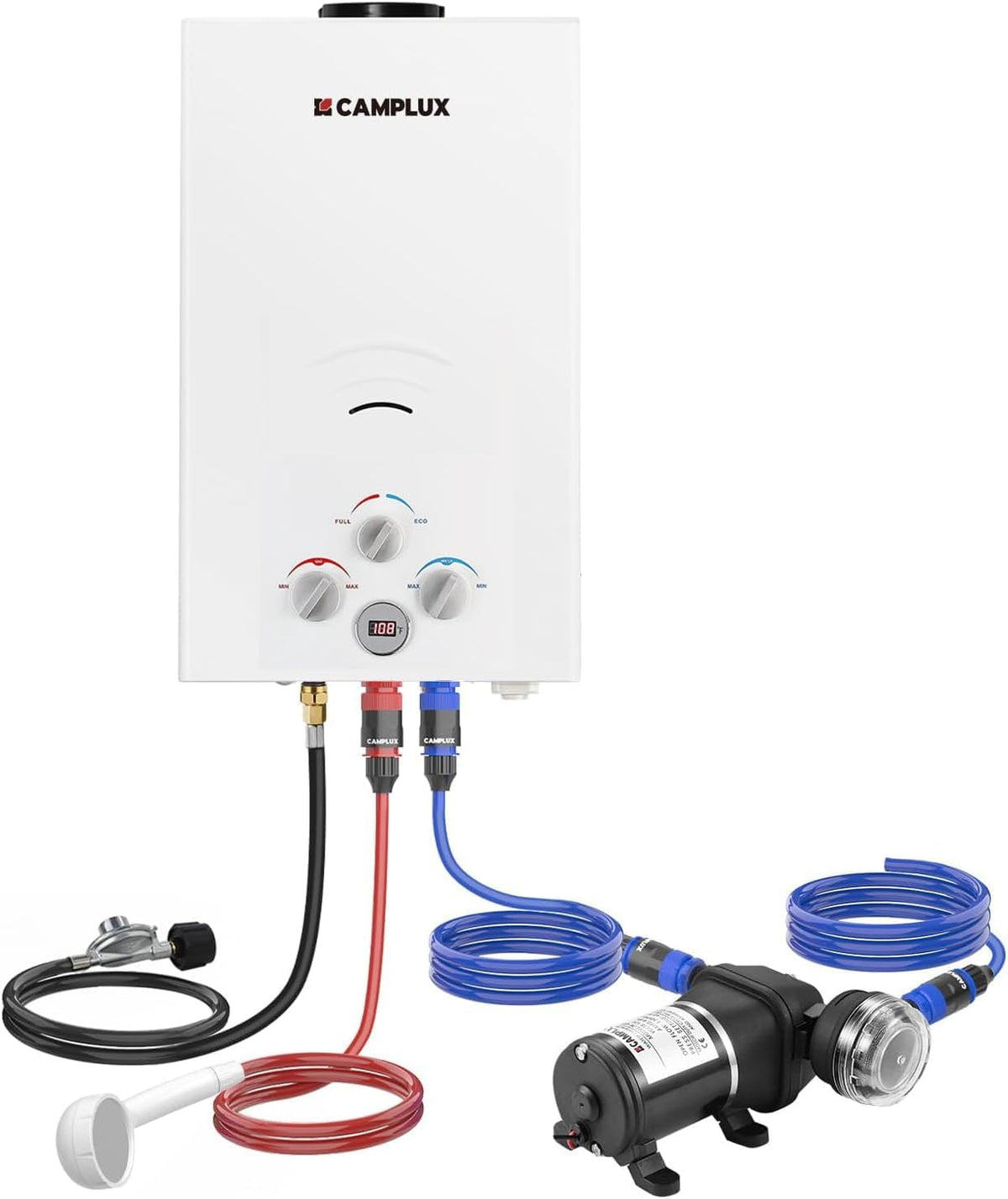CAMPLUX - Calentador de agua de propano portátil de 2.64 GPM, bomba...