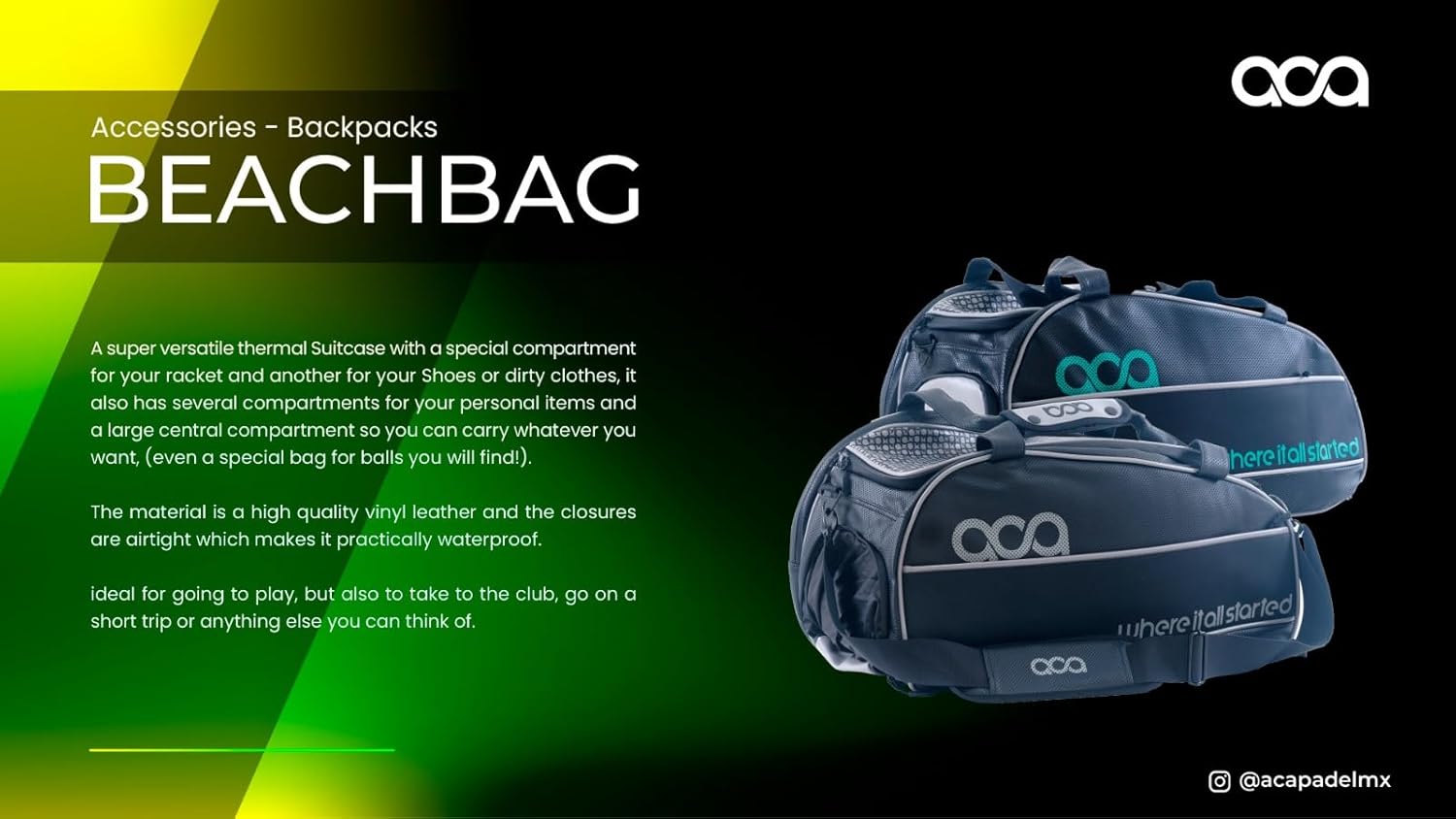 Aca Bolsa Padel Beach Aqua, maleta acabada, piel de vinilo y los ci...