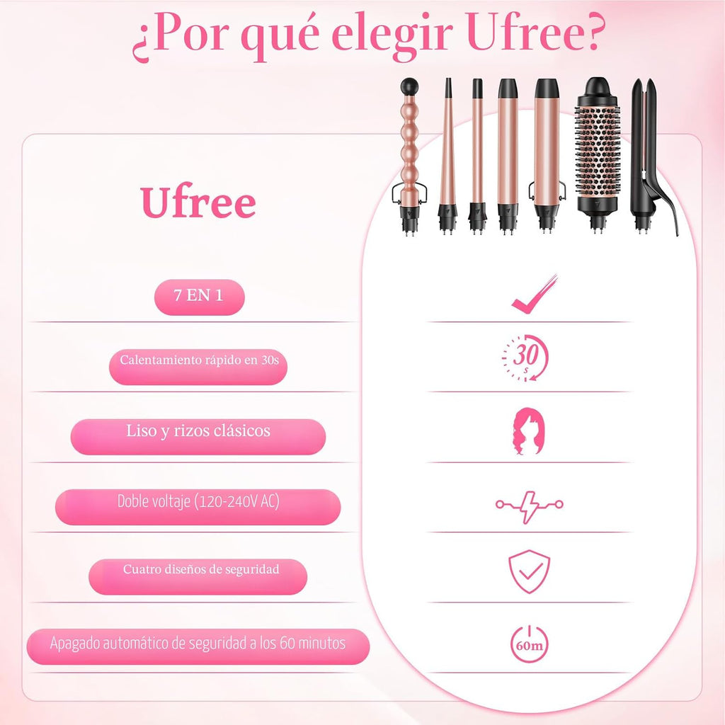 Set Ufree 7 en 1, rizador de pelo con barriles cerámicos intercambi...