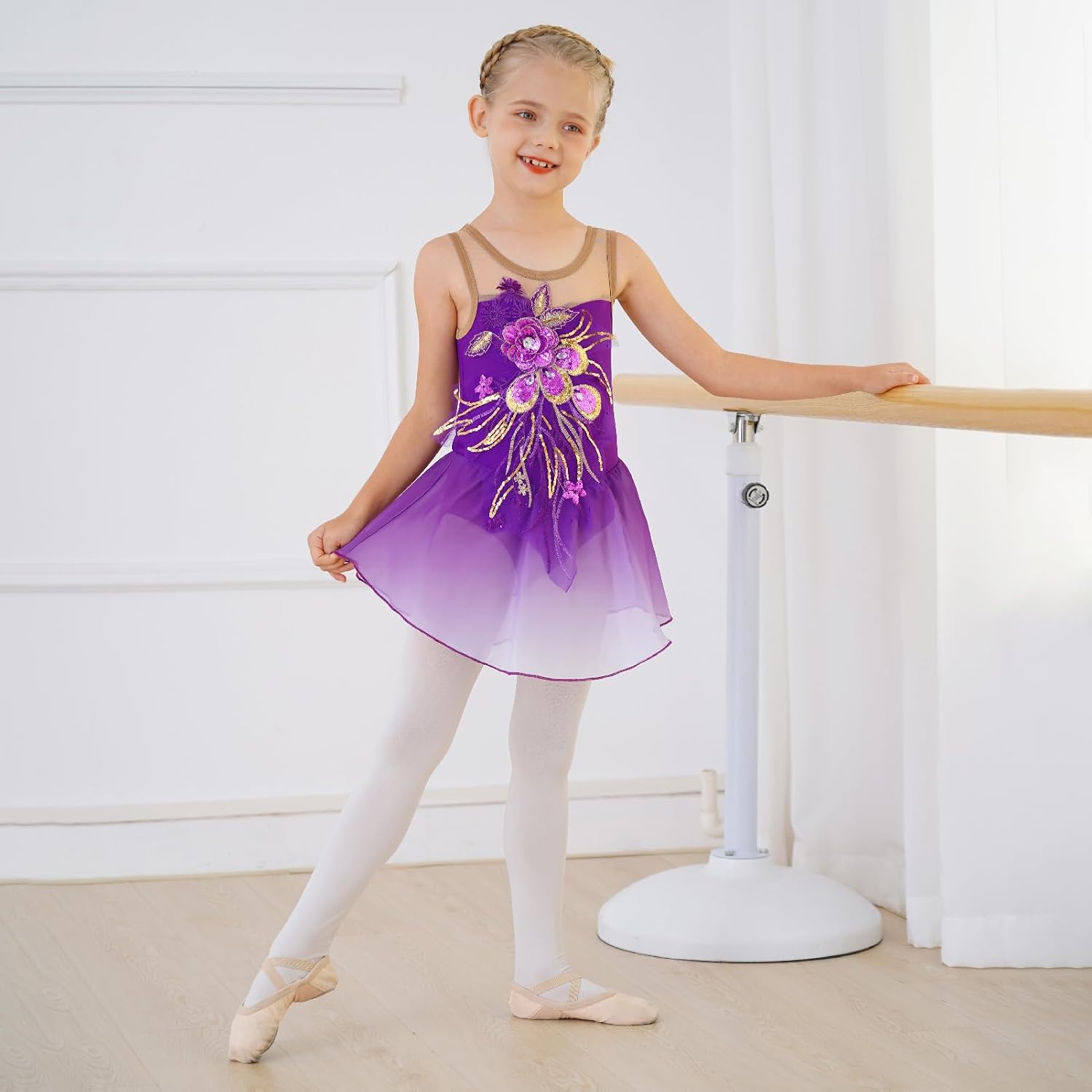 Vestido de patinaje artístico para niñas - Leotardo de malla con fl...