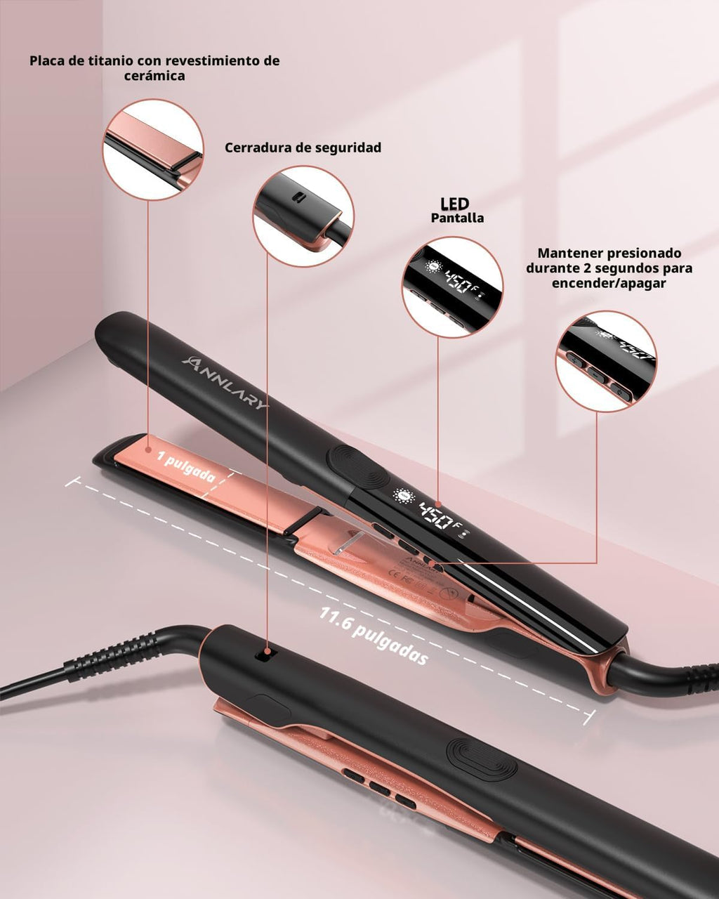 Annlary - Plancha de pelo de 1 pulgada y rizador 2 en 1 de titanio...