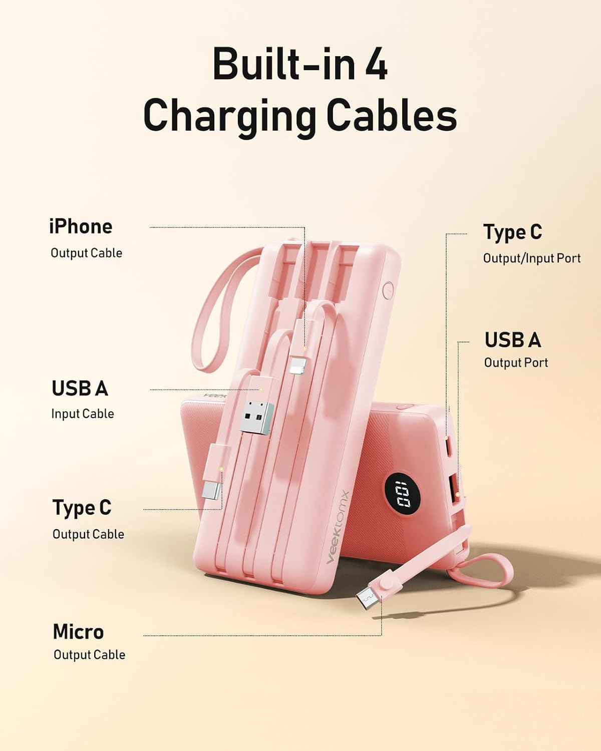 VEEKTOMX Cargador portátil con cables integrados, banco de energía...