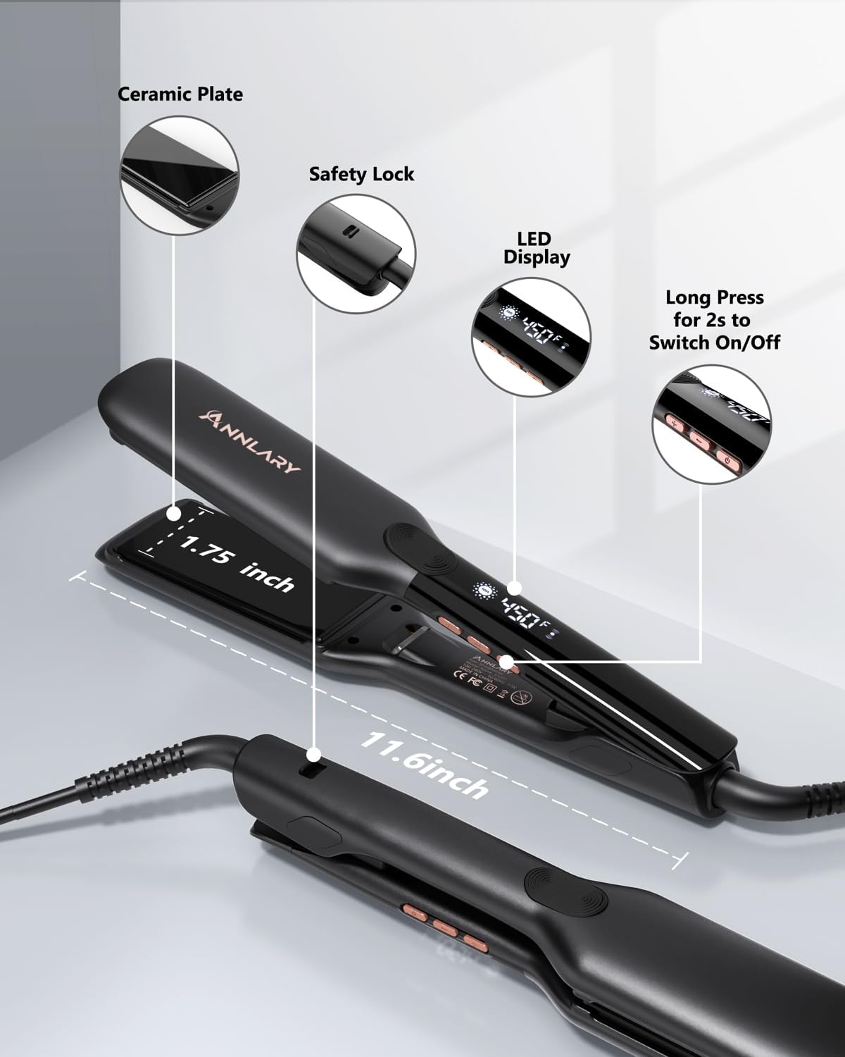 Annlary Plancha de pelo de 1.75 pulgadas, placa de titanio profesio...