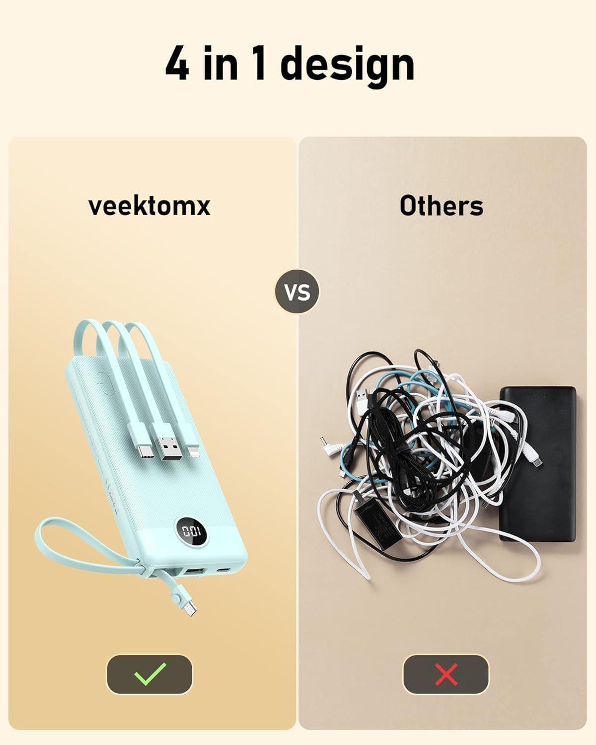 VEEKTOMX Cargador portátil de 10000 mAh con cables integrados, carg...